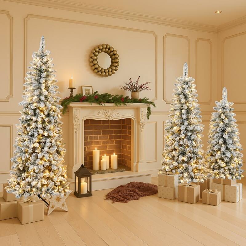 4/5/6FT Flocked Artificial Hinged Christmas Tree Set of 3 with LED Lights - White - 6 Foot/4 Foot/5 Foot