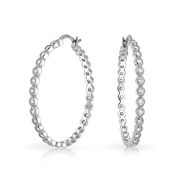 Bling Jewelry Sterling Silver Bezel Set Cz Medium Hoop Earrings Bling Jewelry Sterling Silver Bezel Set Cz Medium Hoop Earrings 1 5in