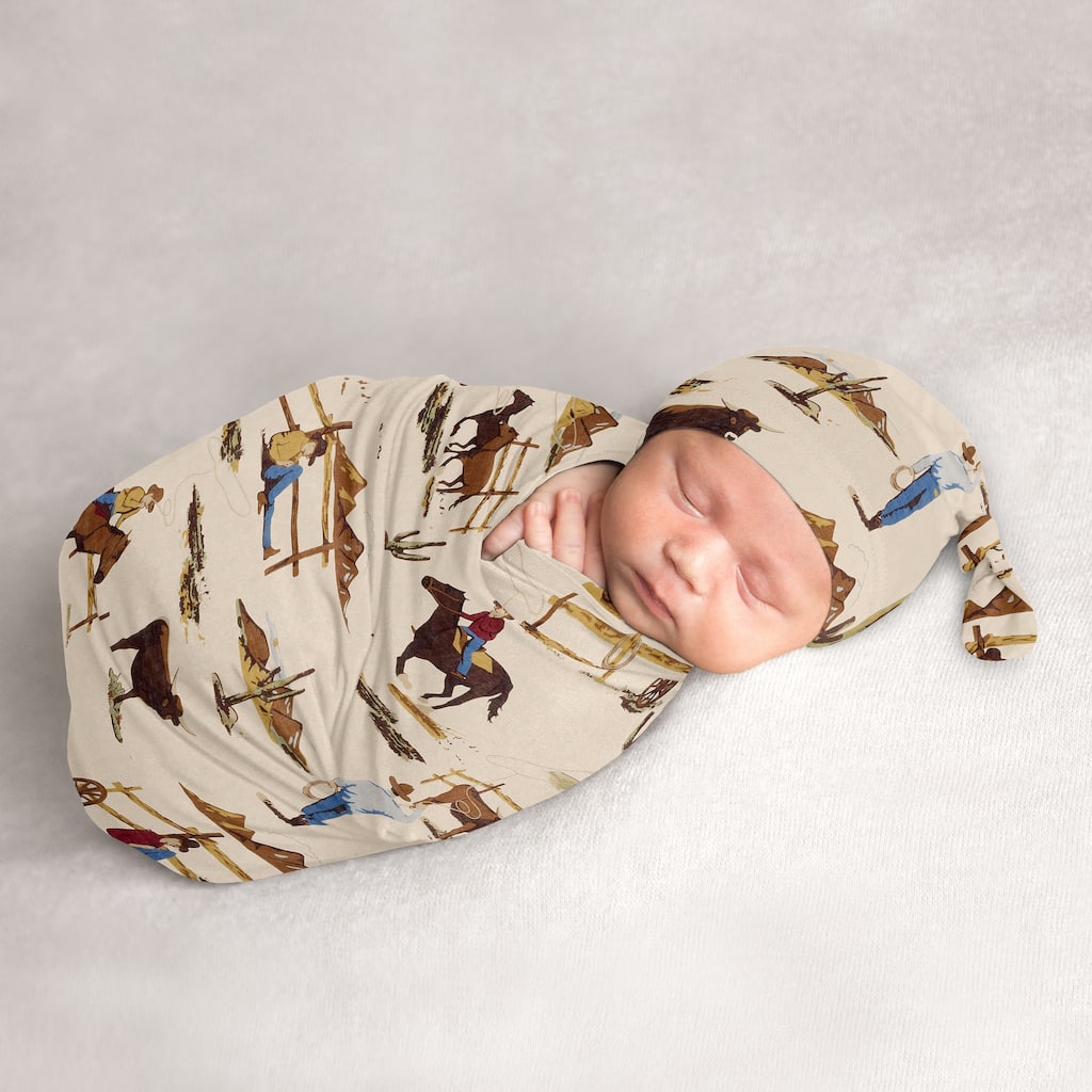 Wild West Cowboy Collection Boy Baby Cocoon and Beanie Hat Sleep Sack - 2pc Set - Red, Blue, Tan Western Southern Country Horse