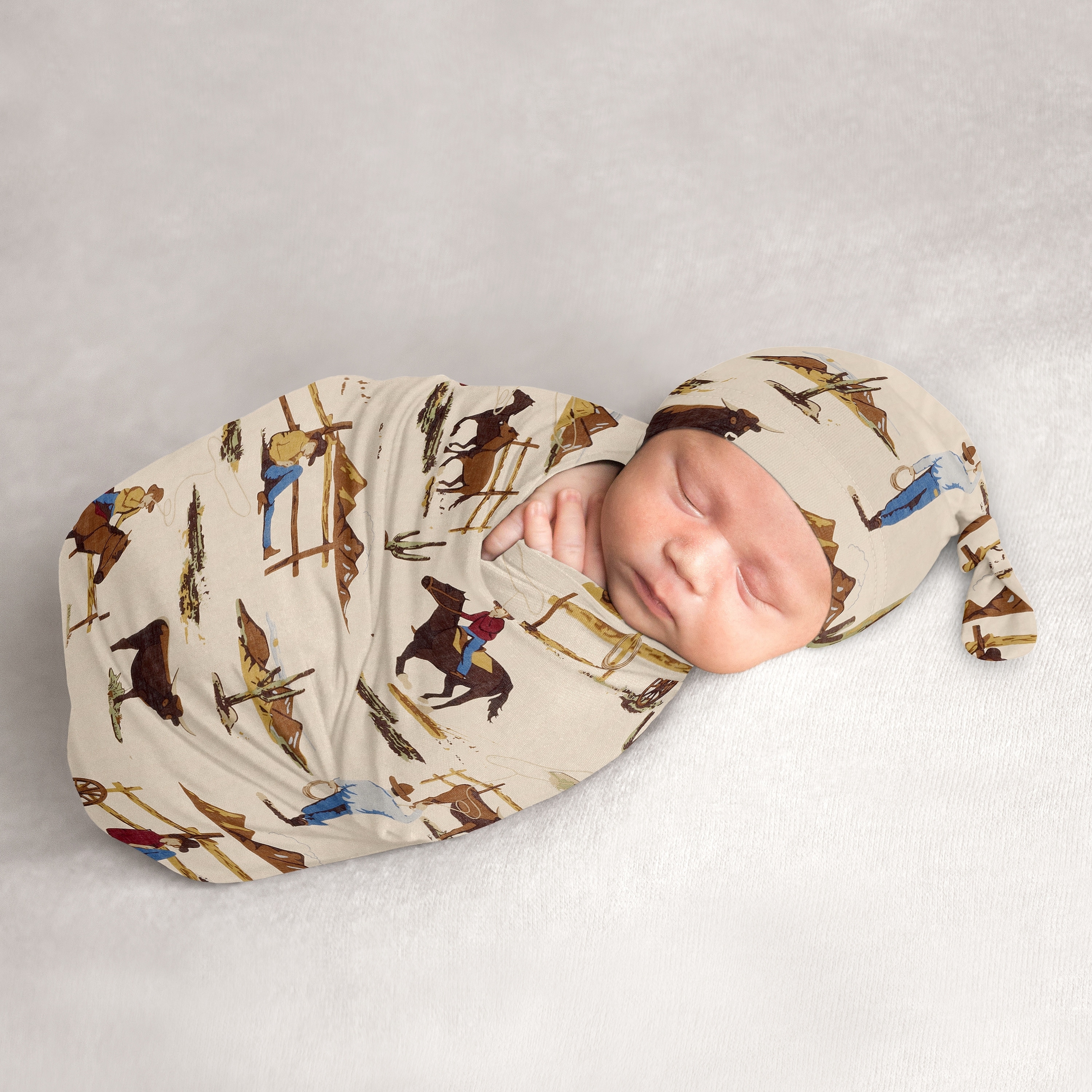 Wild West Cowboy Collection Boy Baby Cocoon and Beanie Hat Sleep Sack - 2pc Set - Red, Blue, Tan Western Southern Country Horse