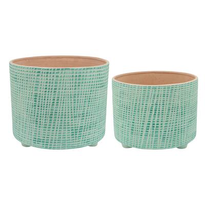Green Ceramic Footed Planters with Textured Design (Set of 2) - 12.0" x 12.0" x 12.0"