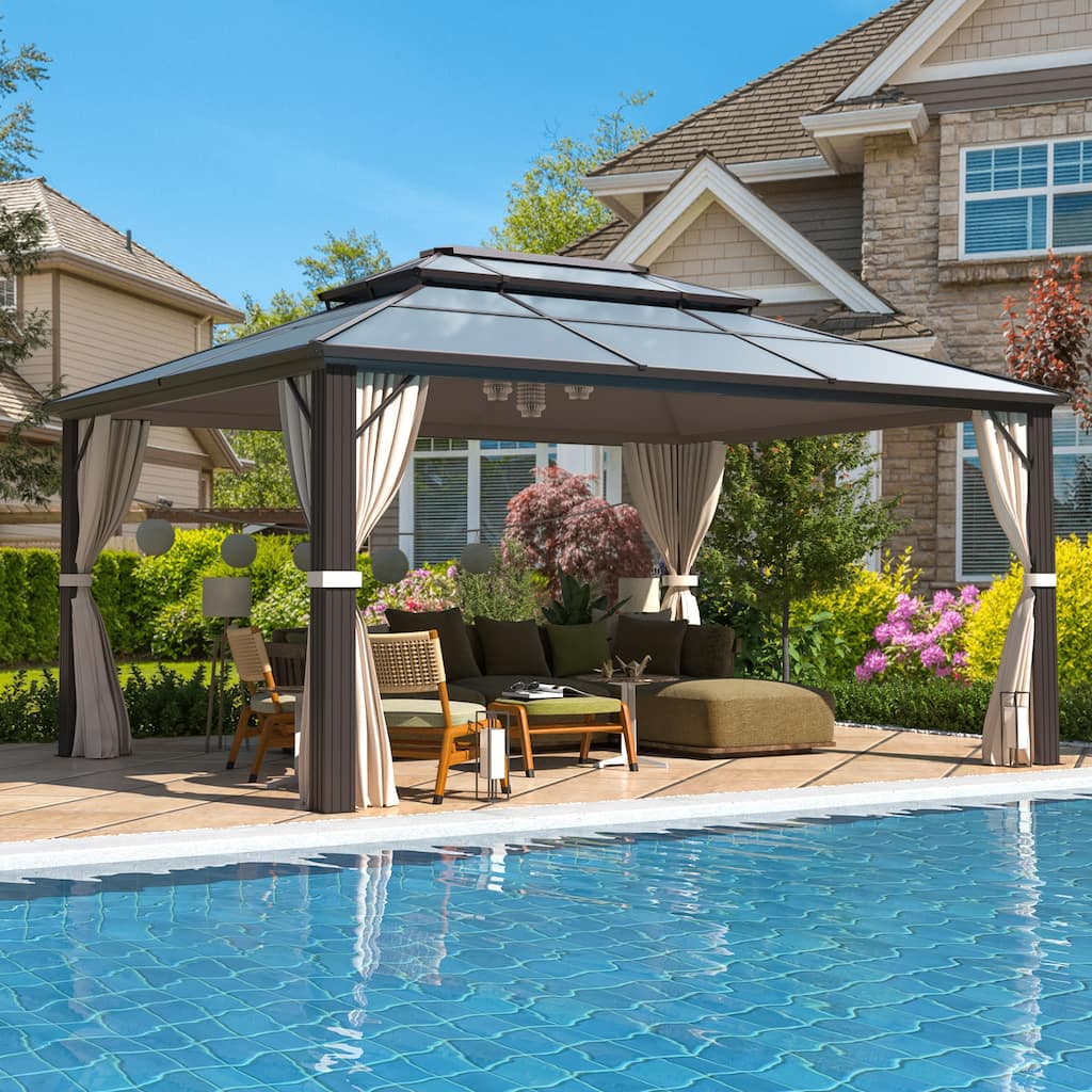 EROMMY 12x16 Outdoor Hardtop Patio Pergola with Double Roof, Aluminum Frame,Included Premium Curtains and Nettings