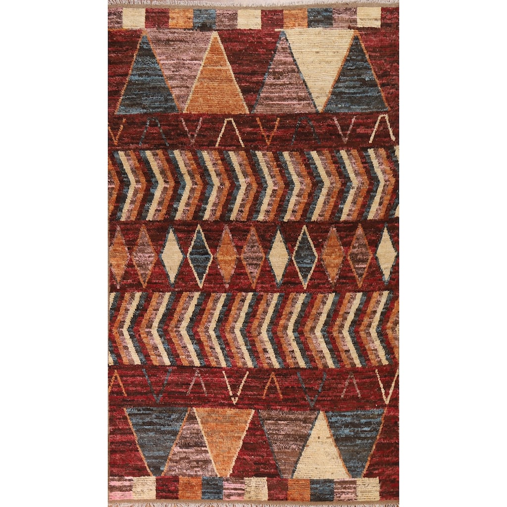Hand Knotted Oriental 100% Wool Carpet Modern Tribal Red Moroccan Area Rug - 9' 11'' X 6' 4''