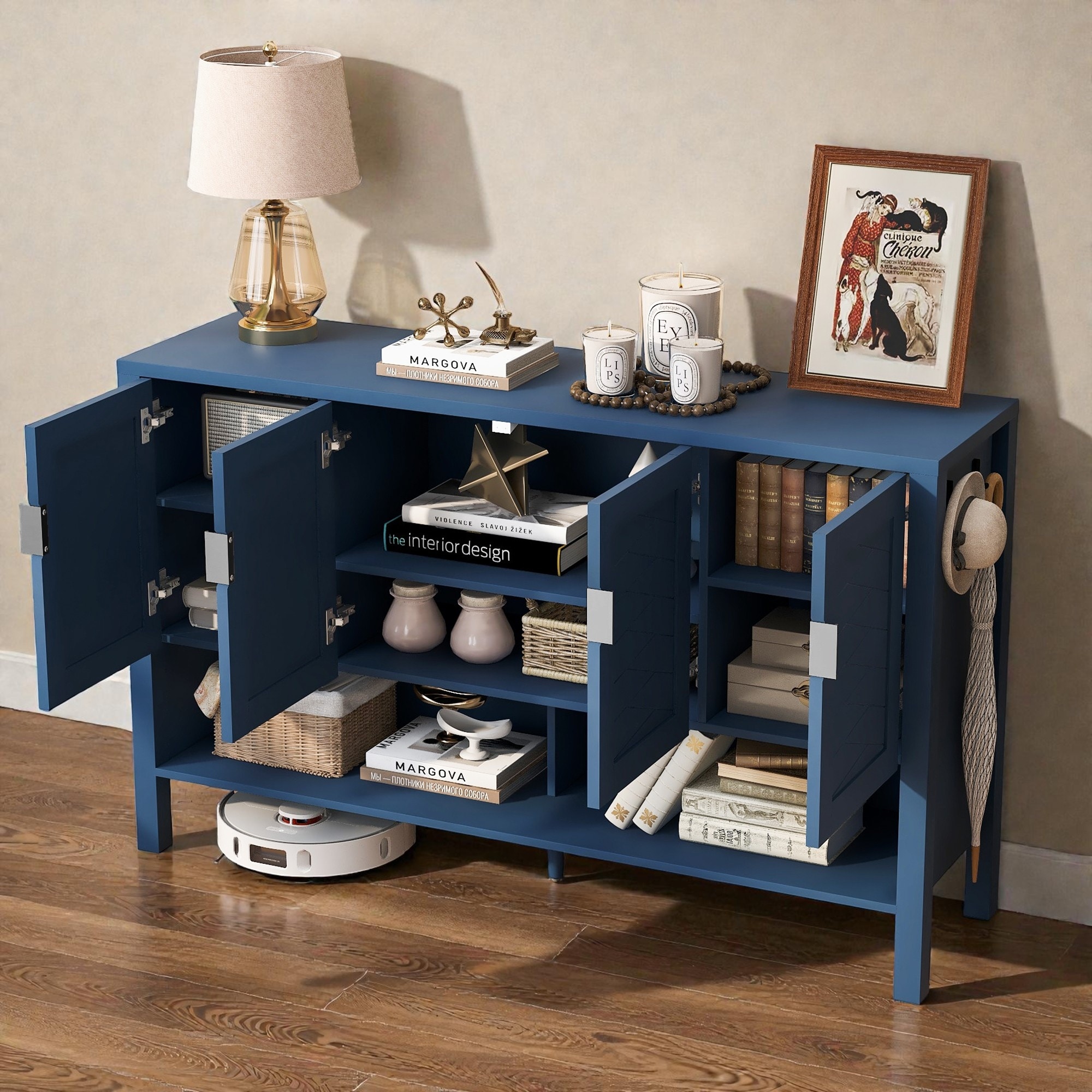 55.1 Sideboard Buffet Cabinet with 4 Doors, Open Shelf, Entryway Cabinet, Storage Cabinet, Adjustable Shelves and Dual Hooks