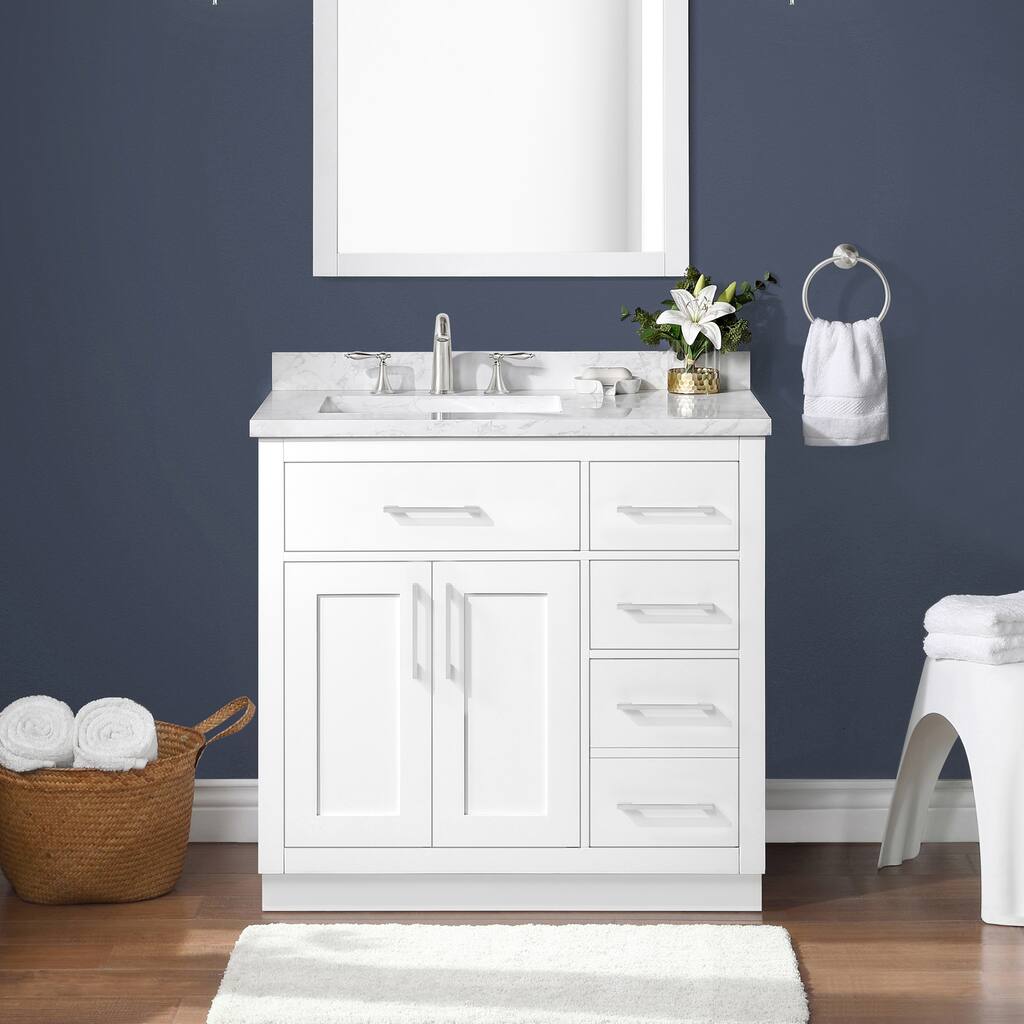 OVE Decors Athea 36 in. Vanity White Finish Pre-installed Brushed Nickel hardware and extra black included with Power Bar