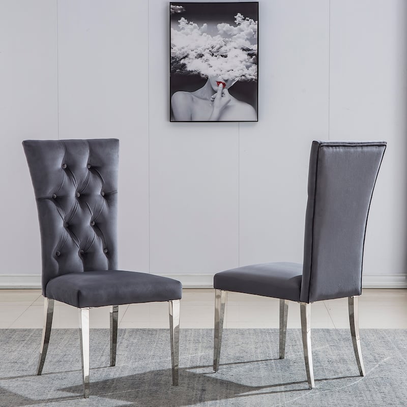 Modern Stylish Grey Velvet Buttons Tufted Upholstered Dining Room Chairs with Silver Stainless Steel Legs - Set of 2 - Grey
