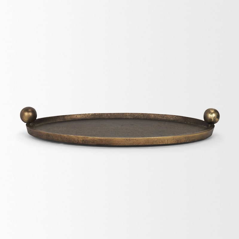 Jianna Large Oval Textured Antiqued Gold Metal Tray with Handles