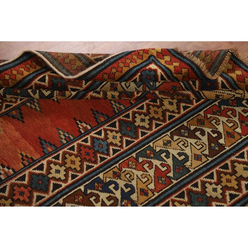 Hand Knotted Oriental 100% Wool Carpet Traditional Geometric Oranges & Rust Kazak Area Rug - 8' 4'' X 3' 6''
