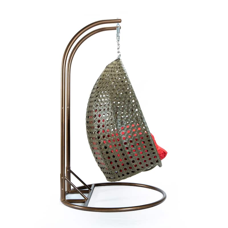 LeisureMod 2-Person Hanging Egg Swing Chair with Metal Stand - Handcrafted Beige Wicker, Patio Hammock Lounger with Cushions