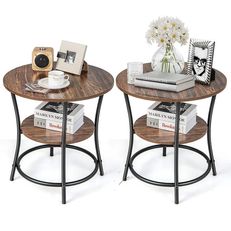 Costway 2 PCS 2-Tier Sofa Side End Table Round Nightstand with Sturdy - See Details - Brown