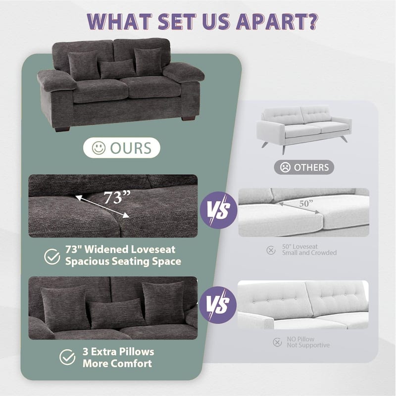 Plush Chenille Loveseat 73" - Includes Bonus 3 Pillows & Removable Back Cushion - Living Room 2-Seater Sofa