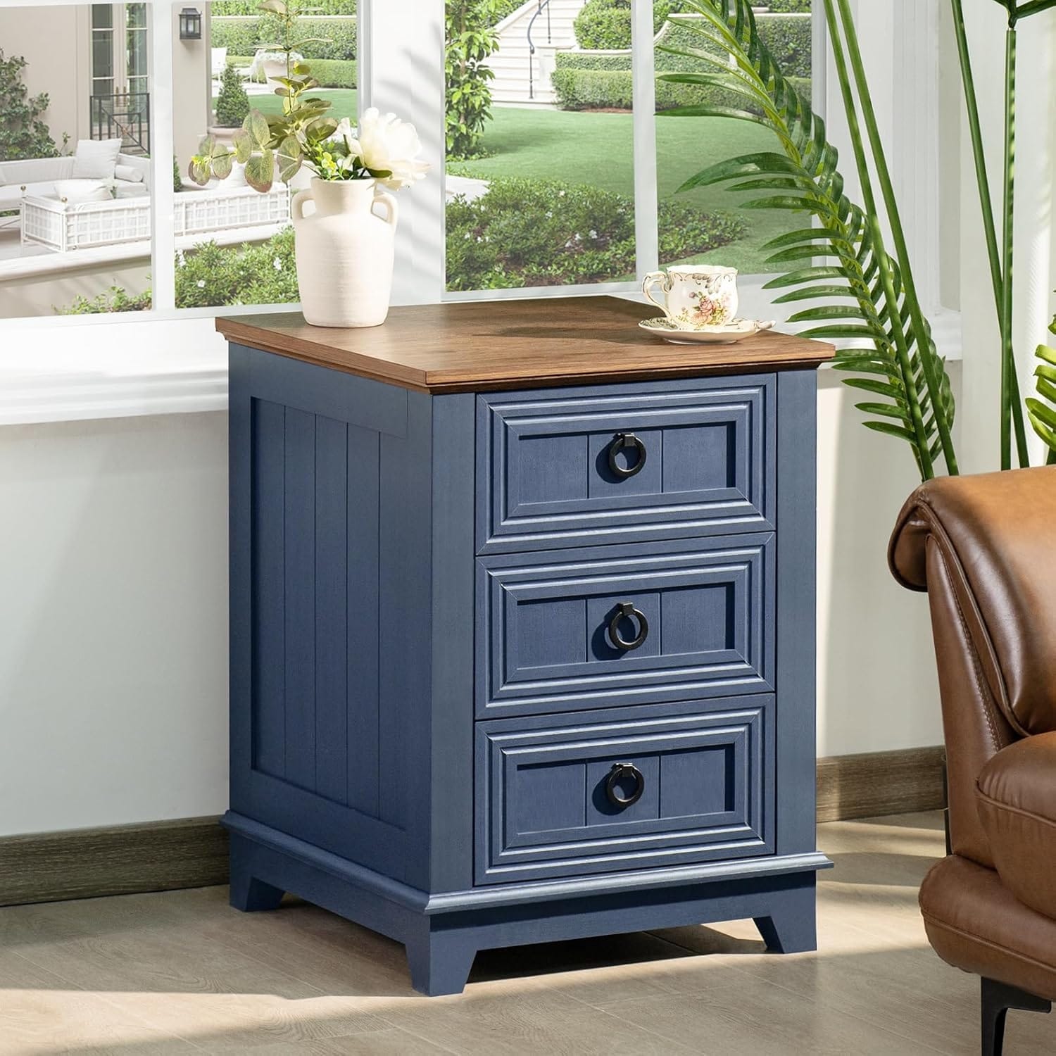 18 Inch Farmhouse Night Stand with 3 Drawers, Wood End Table, Navy Blue Bedside Cabinet for Bedroom Living Room