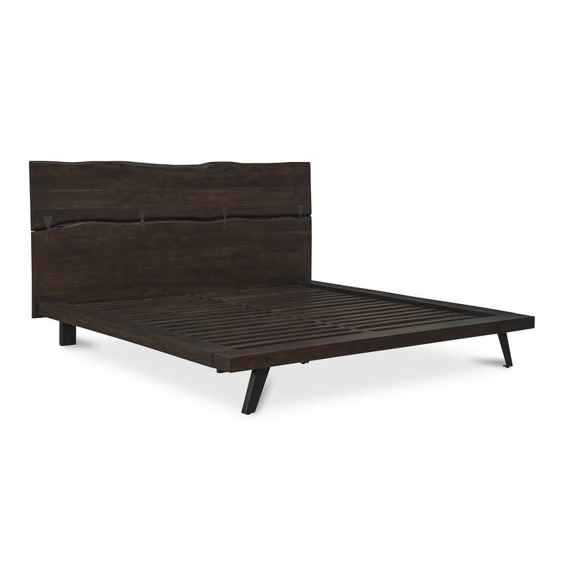 NADAAL STUDIOS Sterling Brown Solid Acacia Queen Platform Bed with Organic Edge Headboard and Steel Legs