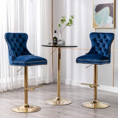 Swivel Bar Stools Chair Set of 2 Modern Adjustable Counter Height Bar Stools, Velvet Upholstered Stool with Tufted High Back