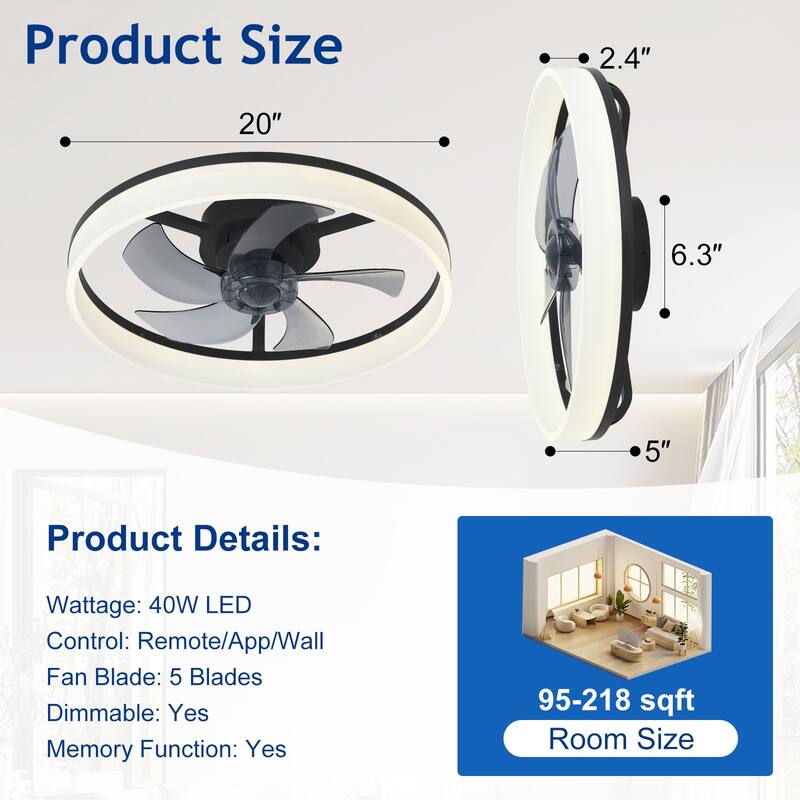 Ceiling Fan with Light: Low Profile, App Remote Control, 6-Speed, 3 CCT, Quiet DC Motor, Dimmable LED, 20" /16"