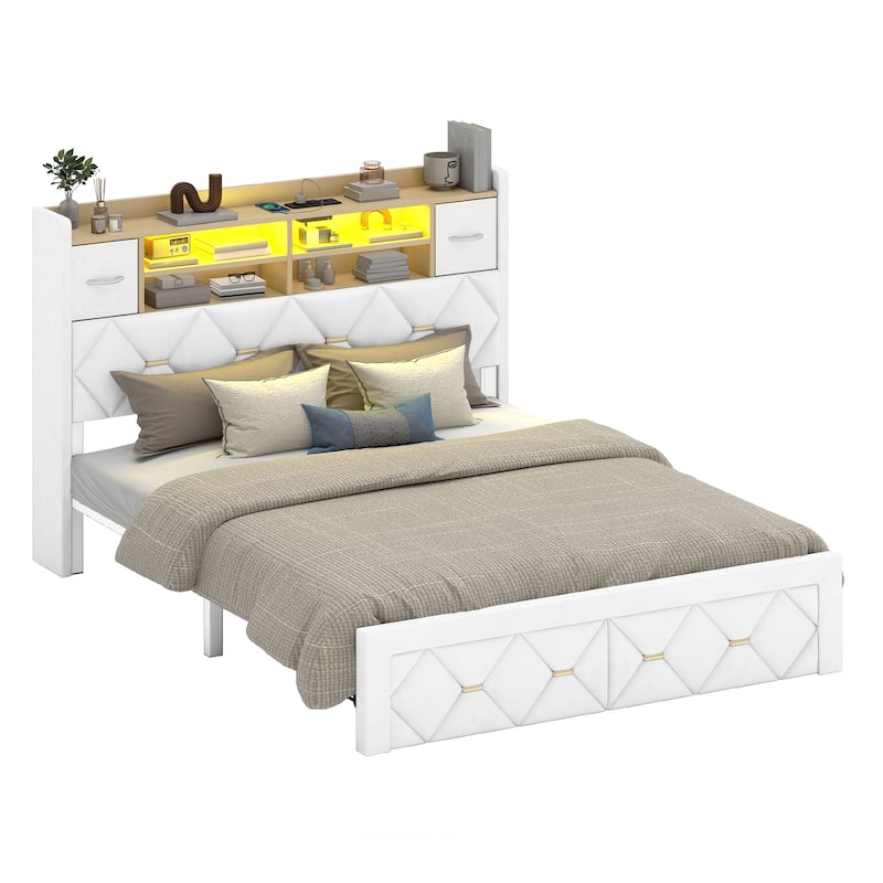 Farmhouse Bed Frame Upholstered Headboard Platform Bed with Charging Station - White - Full