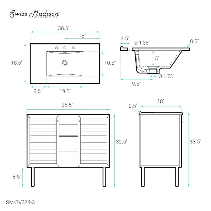 Bron 36 In. Brown Oak Bathroom Vanity With White, 3-Hole Ceramic Sink Top