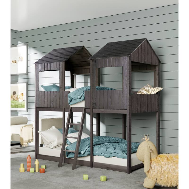 WoodBunk Bed with Roof, Window, Guardrail, Ladder
