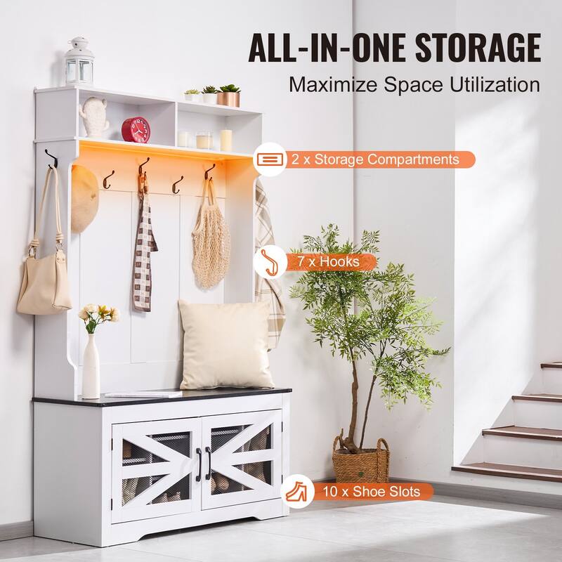 Hall Tree Bench with Shoe Storage and Hooks for Entryway or Mudroom - / 42.24” x 16.44” x 67.2”