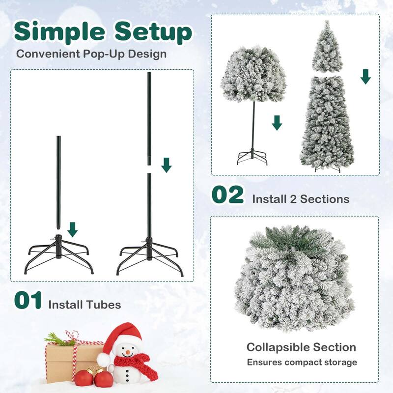 Costway 6/7 FT Flocked Christmas Tree with Pine Needles 517/680 Branch