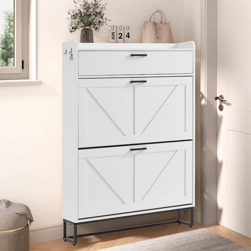 AVAWING Freestanding Farmhouse Shoe Cabinet - 2 Flip Drawers & Adjustable Shelves, Entryway Slim Storage with Side Hooks.