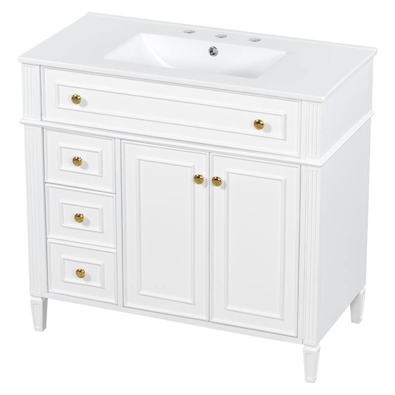 36 Inch Bathroom Vanity with Sink, White Solid Wood Cabinet with Flip-Out Drawer, 3 Drawers and 2 Soft-Close Doors