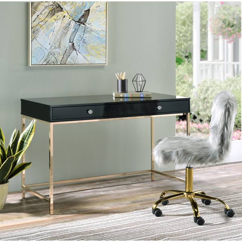 Black Wood Writing Desk with Gold Metal Base, Drawers and Shelving