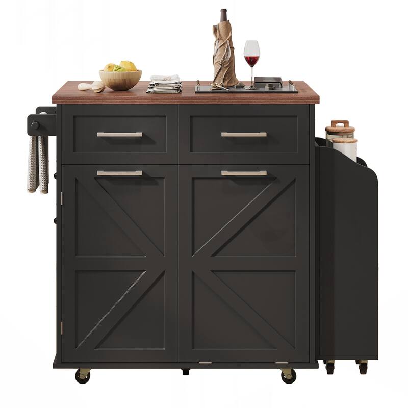 Kitchen Island with Drop Leaf, Kitchen Storage Island with Removable Side Racks, Two Drawers
