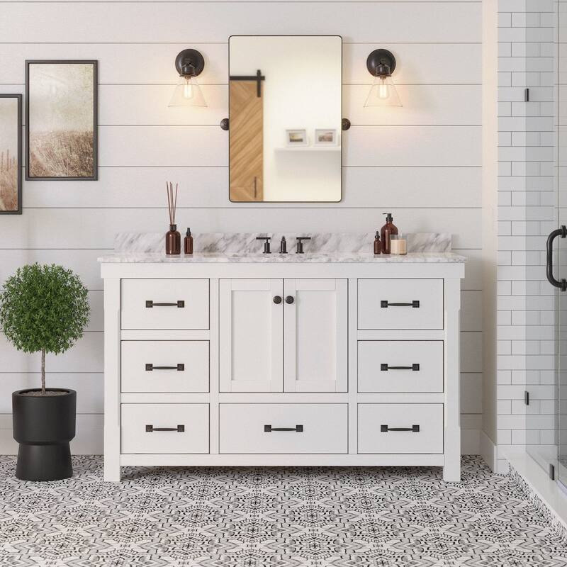 KitchenBathCollection Tuscany 60" Single Bathroom Vanity with Carrara Marble Top - White