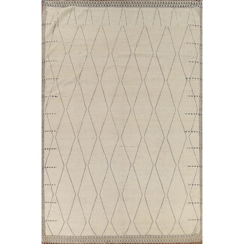 All-Over Trellis Ivory Moroccan Rug Hand-Knotted Wool Carpet - 8'8"x 12'11"