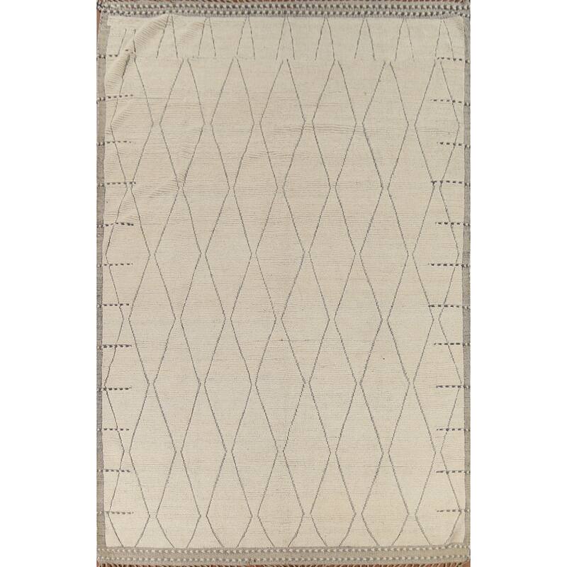 All-Over Trellis Ivory Moroccan Rug Hand-Knotted Wool Carpet - 8'8"x 12'11"