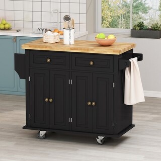 Kitchen Island Cart with Two Storage Cabinets and Two Locking Wheels，4 Door Cabinet and Two Drawers，Spice Rack, Towel Rack