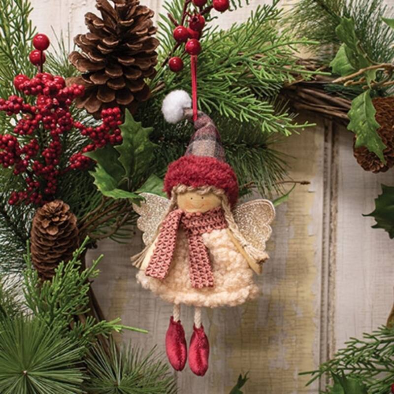 Multi Color Sherpa Dress Pink Angel Doll Ornament with Burgundy Ribbon Hanger - 5 x 2.25 x 9 in.