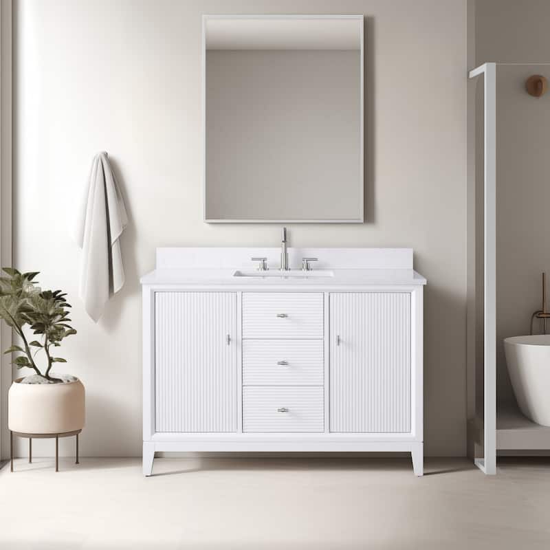 Vanity Art 48" Freestanding Bathroom Vanity with Engineered Marble Top and Sink - 48"/Brushed Nickel - White