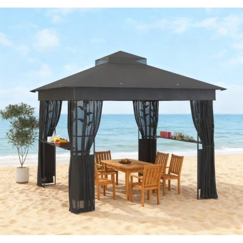 GDFStudio - 9.7'x9.7' Double Roof Patio Gazebo with Bar Shelf & Netting - Dark Gray