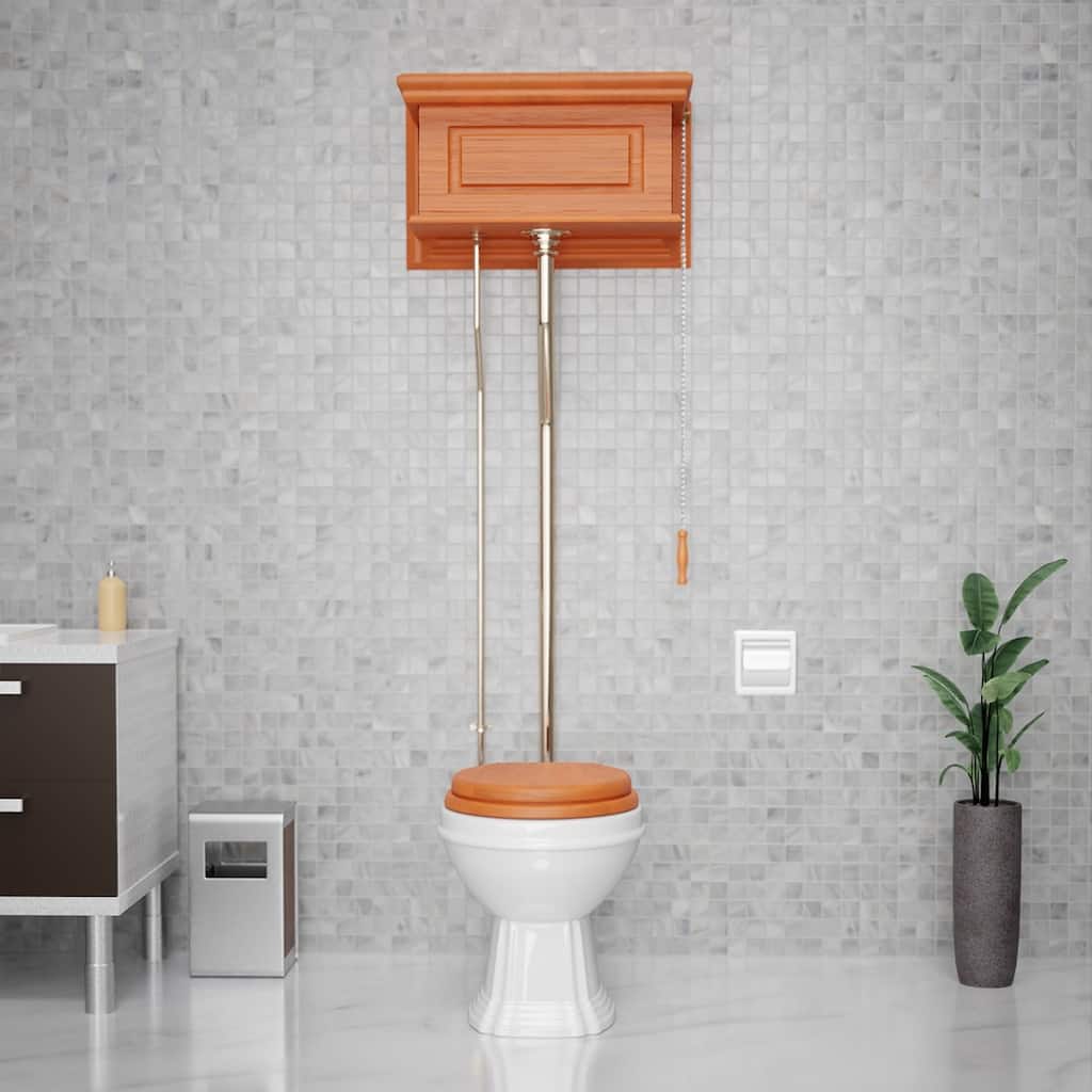 High Tank Toilet - Light Oak Raised Tank, Brass L Pipe and Elongated White Bowl Renovators Supply