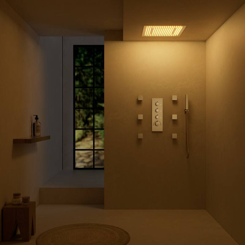 Thermostatic Shower System with 20'' LED Rainfall Head, Body Jets, Handheld Spray and Remote-Control Lighting - 20*20