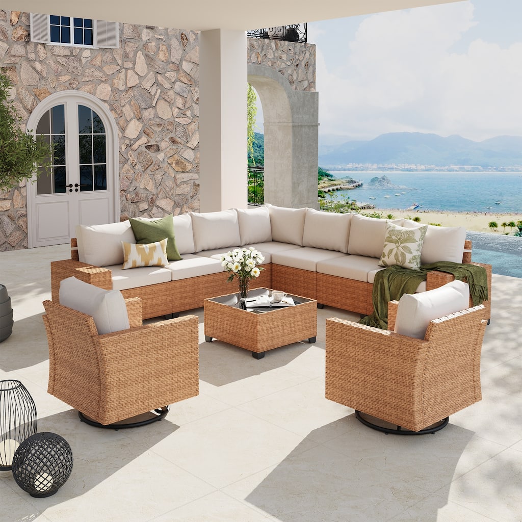 Outdoor L-Shaped Conversation Set Sectional Sofa 10-Piece Swivel Chair with Cushions Coffee Table PE Wicker Rattan