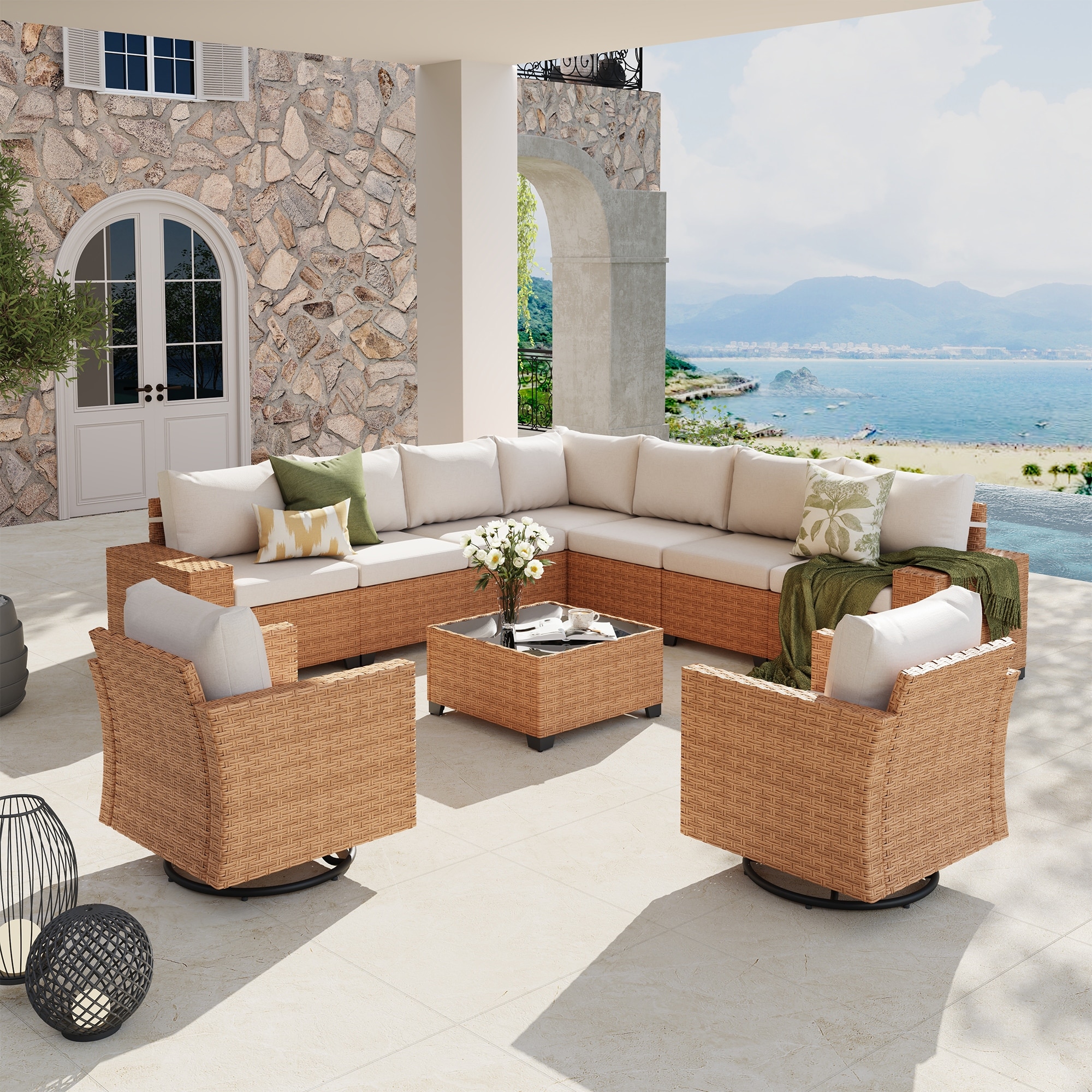 Outdoor L-Shaped Conversation Set Sectional Sofa 10-Piece Swivel Chair with Cushions Coffee Table PE Wicker Rattan