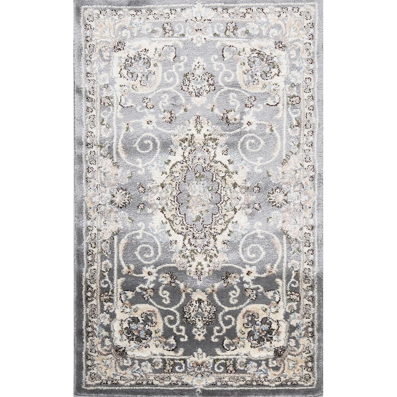 Grey Floral Medallion Transitional Turkish Rug Oriental Carpet - 2'7" x 4'11" - Grey