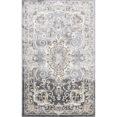 Grey Floral Medallion Transitional Turkish Rug Oriental Carpet
