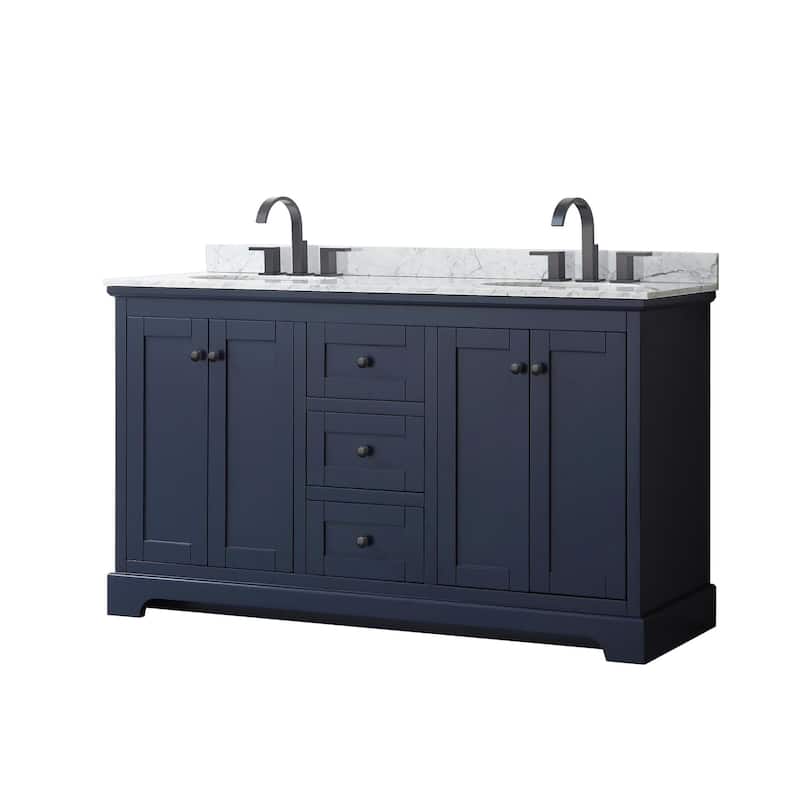 Wyndham Collection Avery 60" Free Standing Double Basin Vanity Set - Dark Blue / White Carrara Marble Top / Matte Black - Painted