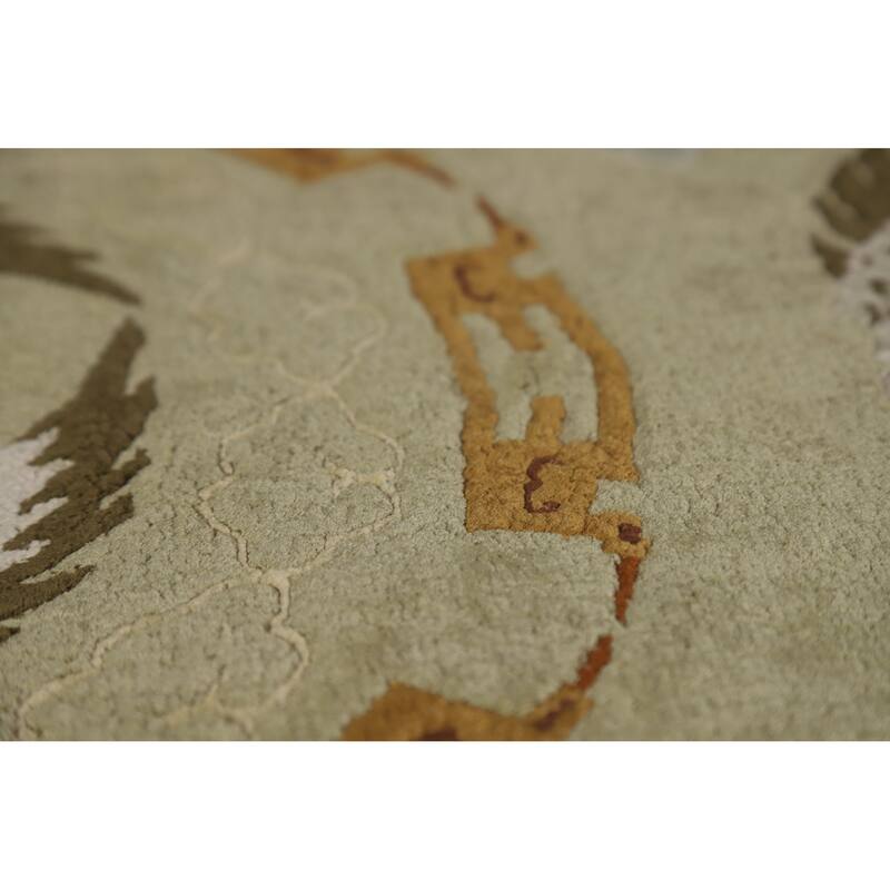 Hand Knotted Oriental Silk Carpet Traditional Medallion Green Art Deco Area Rug - 9' 0'' X 6' 0''