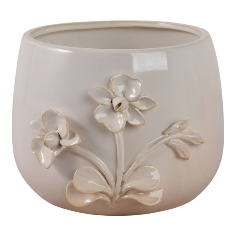 Decorative Ceramic Flower Planter with Flower Applique - Ivory