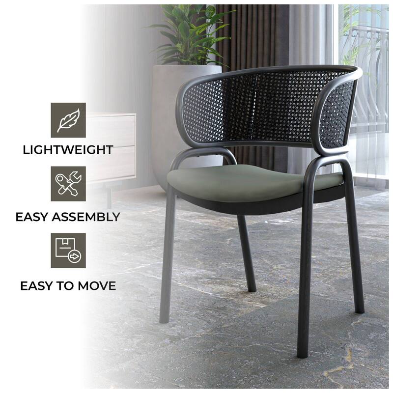 Ervilla Modern Upholstered Accent Side Chair with Wicker Back and Black Iron Legs for Dining Room & Kitchen, Set of 2