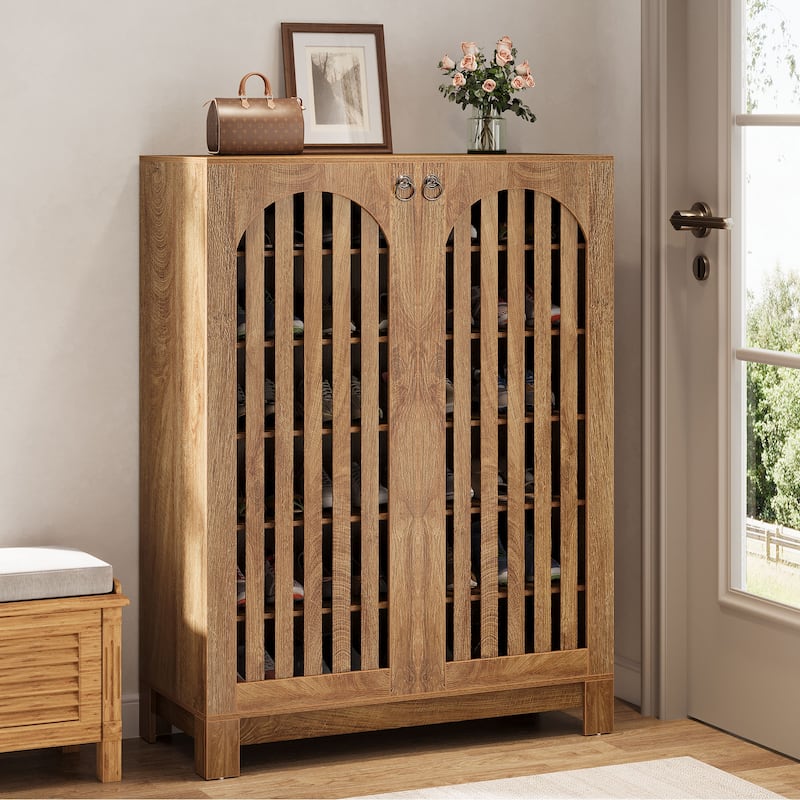 Shoe Cabinet with Louver Doors, 6-Tier Shoe Storage Cabinet with Adjustable Shelves