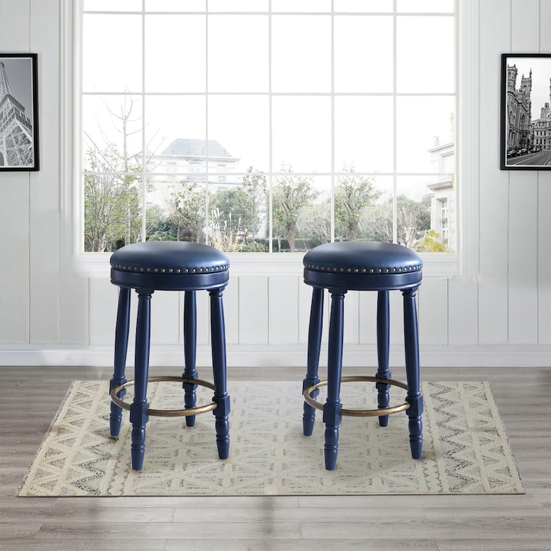 Bar Stools Set of 2,360 Degree Swivel, Accent Wooden Swivel Seat Counter Height Bar Stool,Leather Upholstered Design(Height 26") - Dark Blue