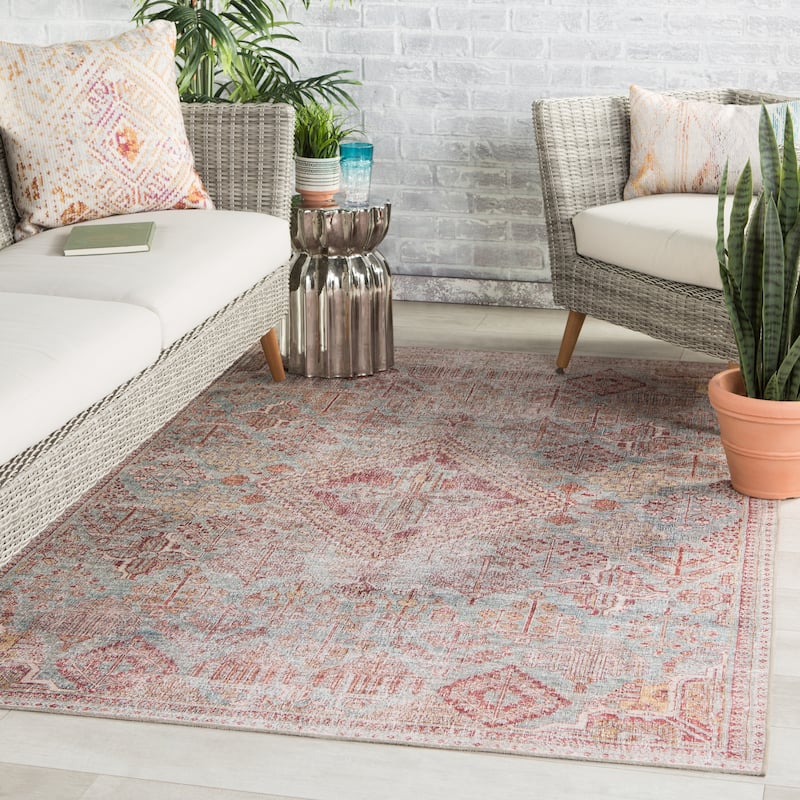 Gracewood Hollow Cugoano Machine Washable Indoor/Outdoor Sky Blue/Pink Medallion Area Rug