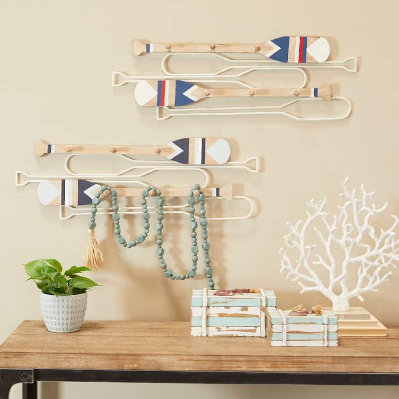 Light Brown Wood 12 Hangers Paddle Wall Hook with Stripe Patterns (Set of 2) - Light Brown