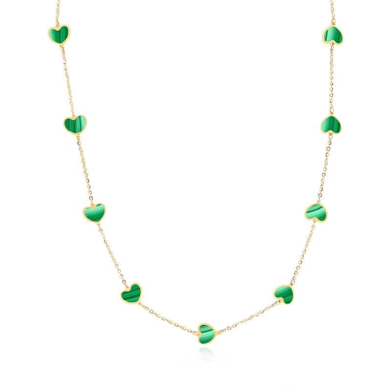 Curata 14k Yellow Gold Italian 18" Inlaid Genuine Gemstone 7mm Heart Station Necklace - Green Malachite
